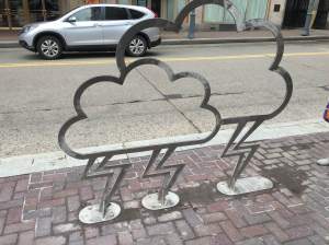 This bike rack, created by Carin Mincemoyer, brings a cosmopolitan feel to one entrance of downtown Pittsburgh 
